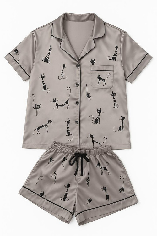 ست پیراهن جلو دکمه دار و شلوارک زنانه ساتن