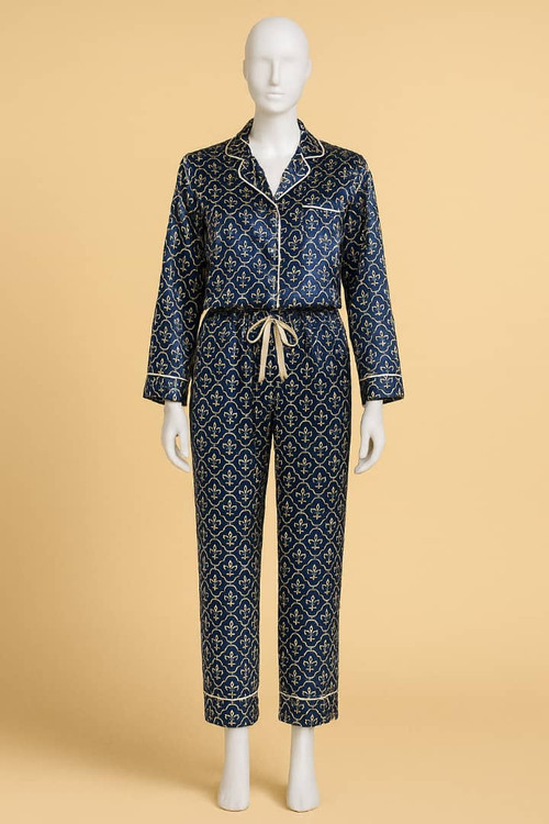 ست پیراهن جلو دکمه دار و شلوار زنانه ساتن ، تن مانکن